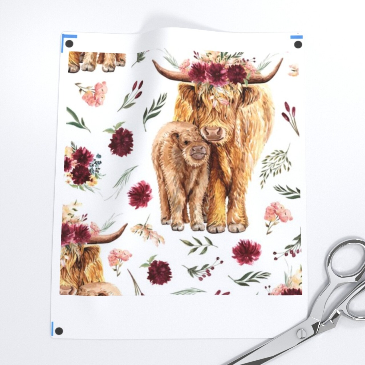 Maroon Floral Highland Cow Pink Cows Scottish Custom Printed Fabric by Spoonflower Various Fabrics by the Yard or Fat Quarter